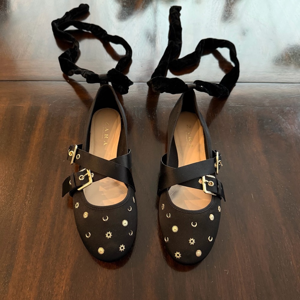 Zara Criss Cross Belted Black Satin Belted Ballet Flats - Size 38 / US 7.5